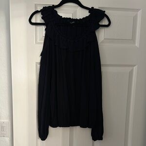 INC Black Ruffled Cold Shoulder Top